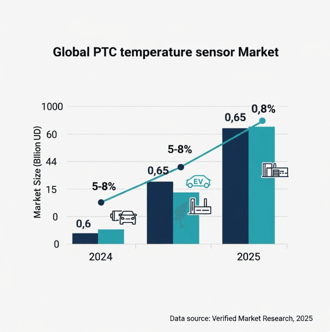 2024–2025 PTC temperature sensor market chart showing steady growth to nearly 0.7 billion USD worldwide.